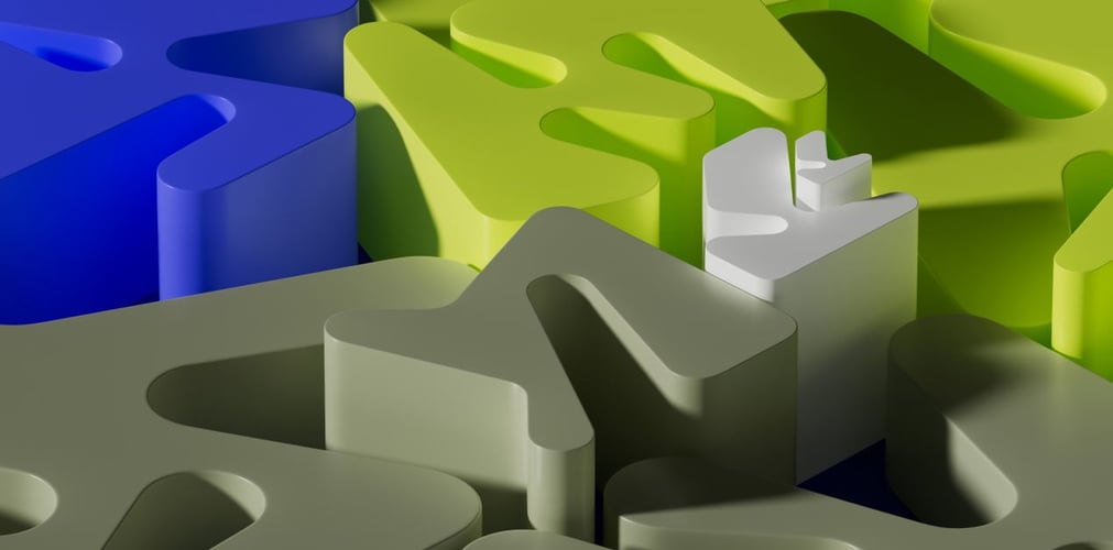 Abstrakt 3D‑illustrasjon med organiske Dubins-former i blått, grønt, hvitt og beige. Figurene ligger tett inntil hverandre og skaper et mønster av avrundede, opphøyde flater med myke skygger.