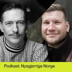 o personer med uskarpe ansikter. Venstre side viser et svart-hvitt bilde av en person med mønstret genser, mens høyre side viser en fargefotografi av en person med mørk jakke. Teksten "Nysgjerrige Norge" vises på gul bakgrunn til venstre.