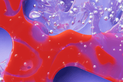 Grafisk bilde i rødt og lilla i myke former og bobler