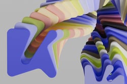 Abstrakt 3D-struktur med sammenvevde, buede former i blått, grønt, rosa, gult og svart mot en grå bakgrunn.