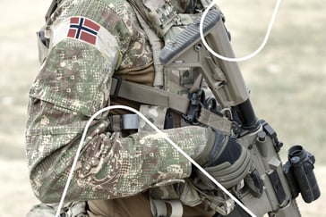 Bildet viser utsnitt av en soldat med det norske falgget på skulderen mens han holder et automatvåpen.