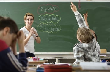 Lærer forklarer matematikk ved tavlen og elever rekker hendene opp. Foto: Sverre Chr. Jarild