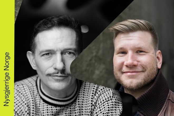 o personer med uskarpe ansikter. Venstre side viser et svart-hvitt bilde av en person med mønstret genser, mens høyre side viser en fargefotografi av en person med mørk jakke. Teksten "Nysgjerrige Norge" vises på gul bakgrunn til venstre.