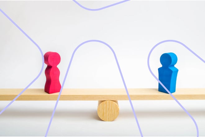 To figurer som symboliserer mann og kvinne på en likestilt vekt.