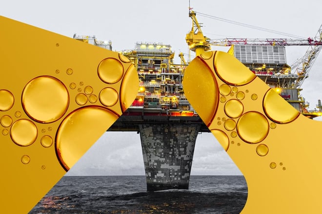 Gult nærbilde av oljedråper kombinert med bilde av oljeplattform