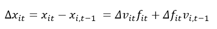 Matematisk formel som uttrykker endringen i en størrelse 𝑥 𝑖 𝑡 x it over tid som summen av endringen i verdi multiplisert med frekvens, og endringen i frekvens multiplisert med forrige periodes verdi. Brukes ofte i dekomponering av endringer. Tilpasset universell utforming med tydelig og lesbar notasjon.