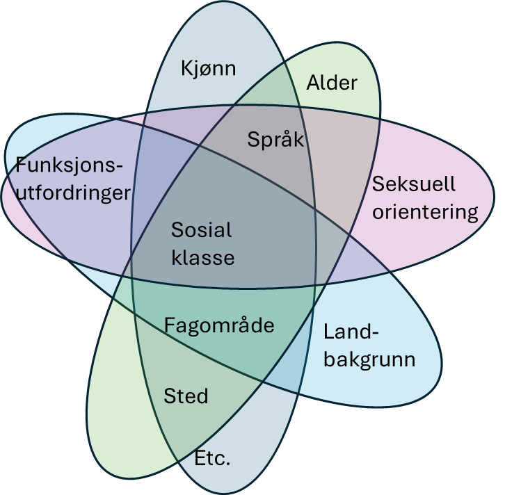 Illustrasjon av mangfold og interseksjonalitet som viser hvordan ulike faktorer som kjønn, alder, språk, funksjonsutfordringer, seksuell orientering, sosial klasse, landbakgrunn og fagområde overlapper og påvirker hverandre. Universell utforming ivaretatt med tydelig fargebruk og lesbar tekst.