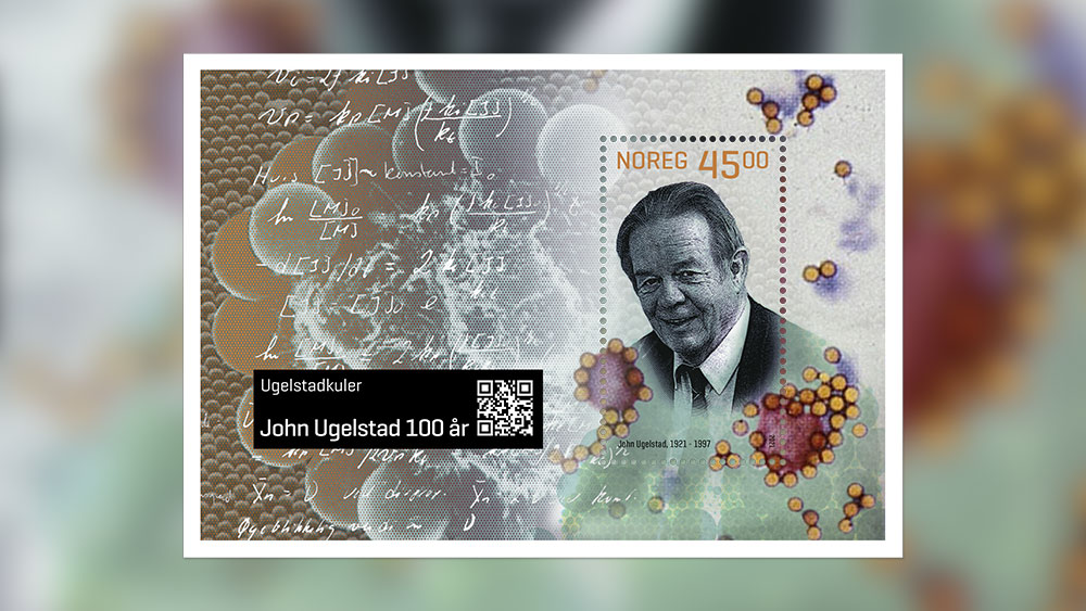 Frimerke med matematiske formler, sort-hvitt portrett av eldre mann og tegnede kuler i klustere